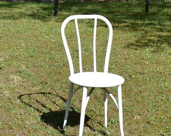 Vintage Metal Bistro Chair White Chippy Paint Old Cafe Bentwood Style Steel Dining Chairs Cottage Farmhouse Panchosporch