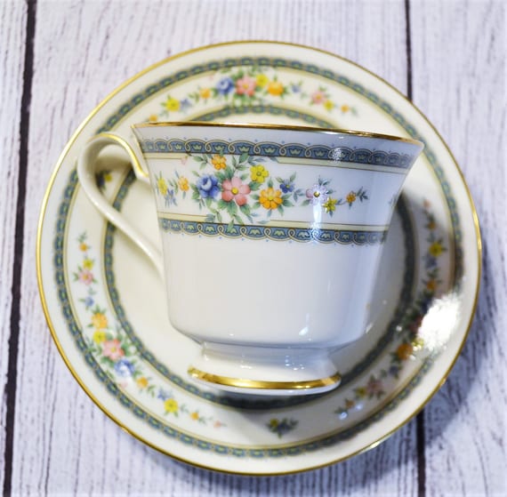 Vintage Noritake Cup and Saucer Set: Green Floral Amenity Pattern