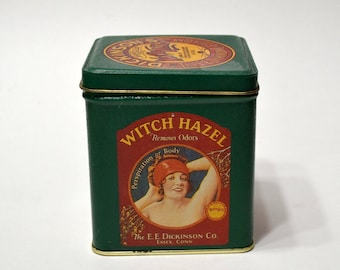 Vintage DICKINSONS Witch Hazel Tin Double Distilled Metal Container Farmhouse Kitchen Decor Collectible Tin Advertising PanchosPorch