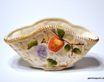 Vintage Ceramic Fruit Basket Holder Vase Faux Woven Basket Apple Grapes Fruit Theme Succulent Planter Kitchen Decor PanchosPorch