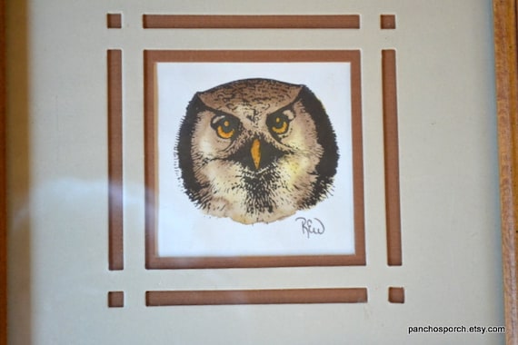 Vintage Owl Painting Signed REW Framed with Glass Wildlife Nature Inspired Wall Decor PanchosPorch