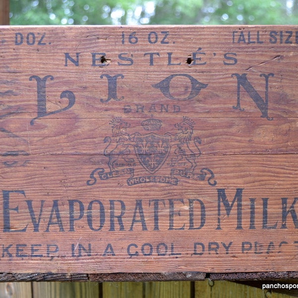 Vintage Nestle Wooden Crate Lion Evaporated Milk Crate Antique Wood Box Advertising Display Prop General Store Memorabilia PanchosPorch