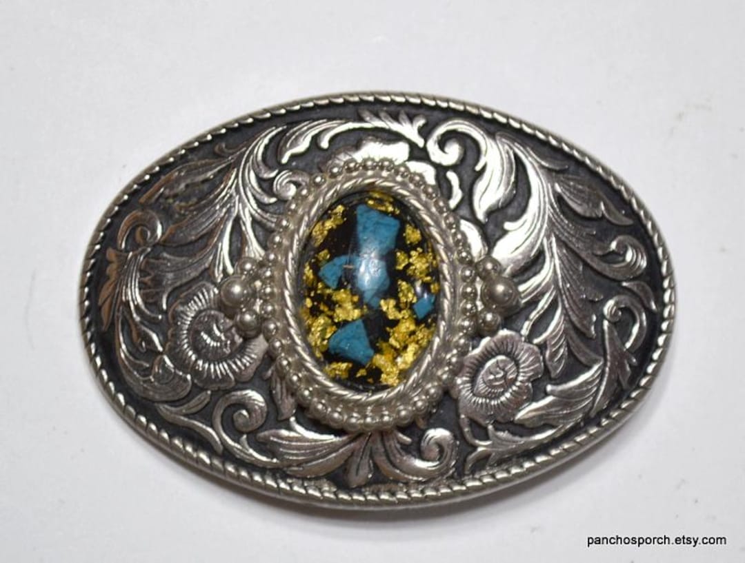 Vintage Western Belt Buckle: Turquoise, Gold Flakes & Silver  display picture 3