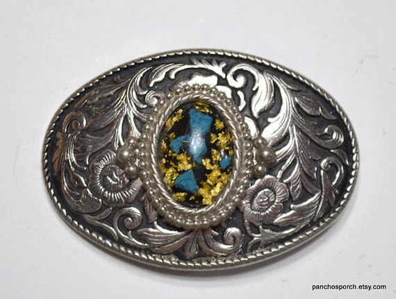 Vintage Western Belt Buckle: Turquoise, Gold Flakes & Silver  display picture 3