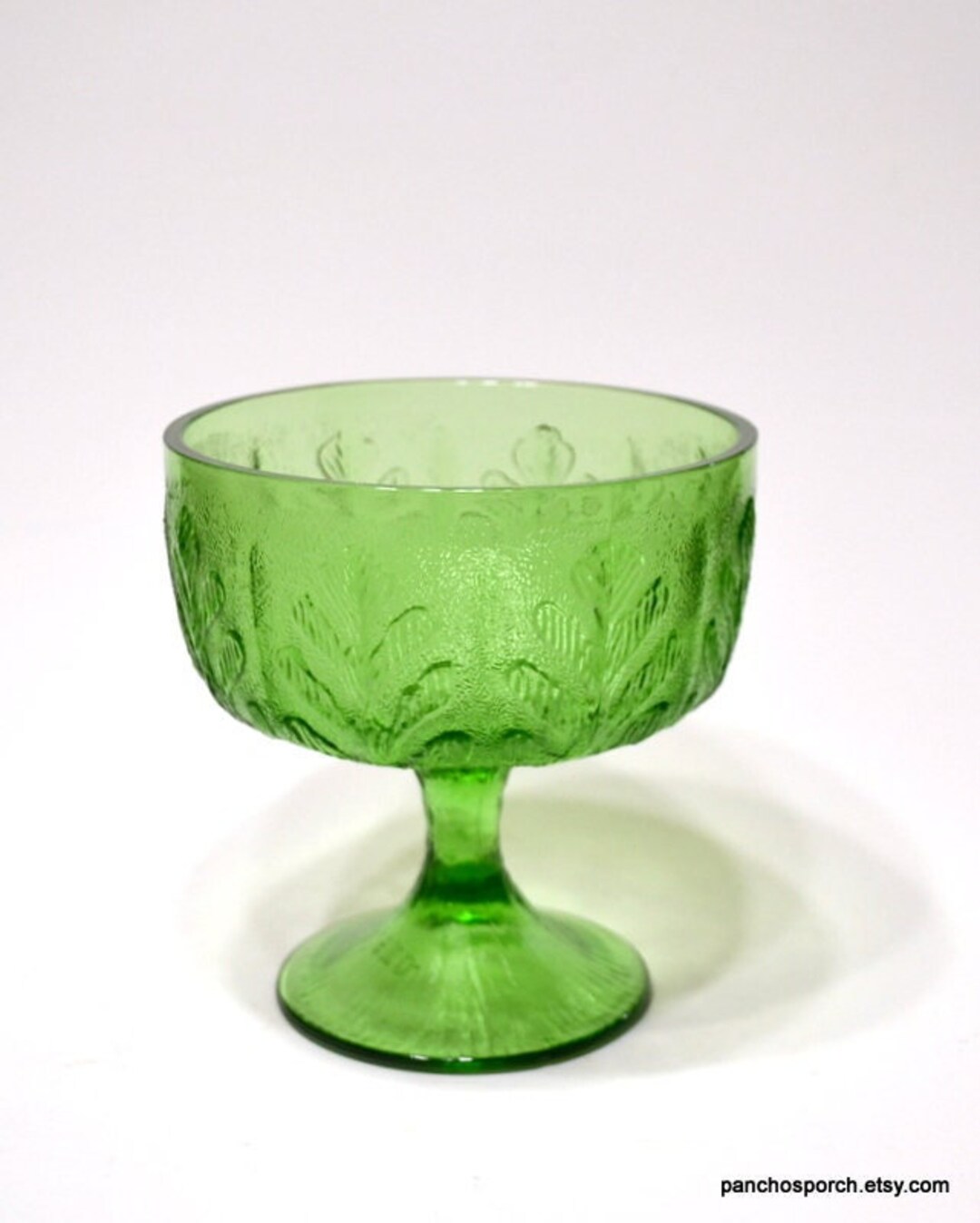 Vintage Green Glass Footed Bowl Planter Embossed Leaf Pattern Compote FTD Pedestal Bowl Candy