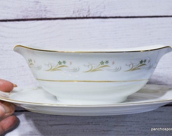 Vintage Sango Belaire Gravy Boat Attached Underplate Delicate Green Floral Gray Scrolls Pattern 349 Japan Panchosporch