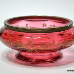 Vintage CRANBERRY GLASS Bowl Brass Rimmed Round Trinket Dish Hand Painted Gold Design Small Footed Pink Glass Bowl PanchosPorch