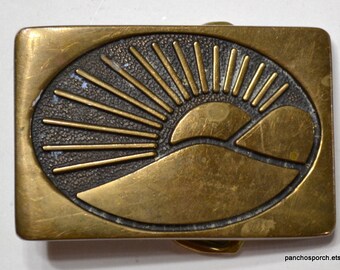 Vintage Sunrise Belt Buckle 1978 BTS Sun Over Hills Mountains Hiking Outdoors Mens Accessory Country Western Advertising PanchosPorch