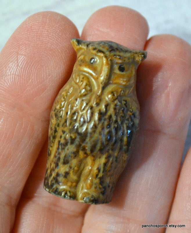 Vintage Miniature Ceramic Owl Figurine: Brown Glaze, Japan
