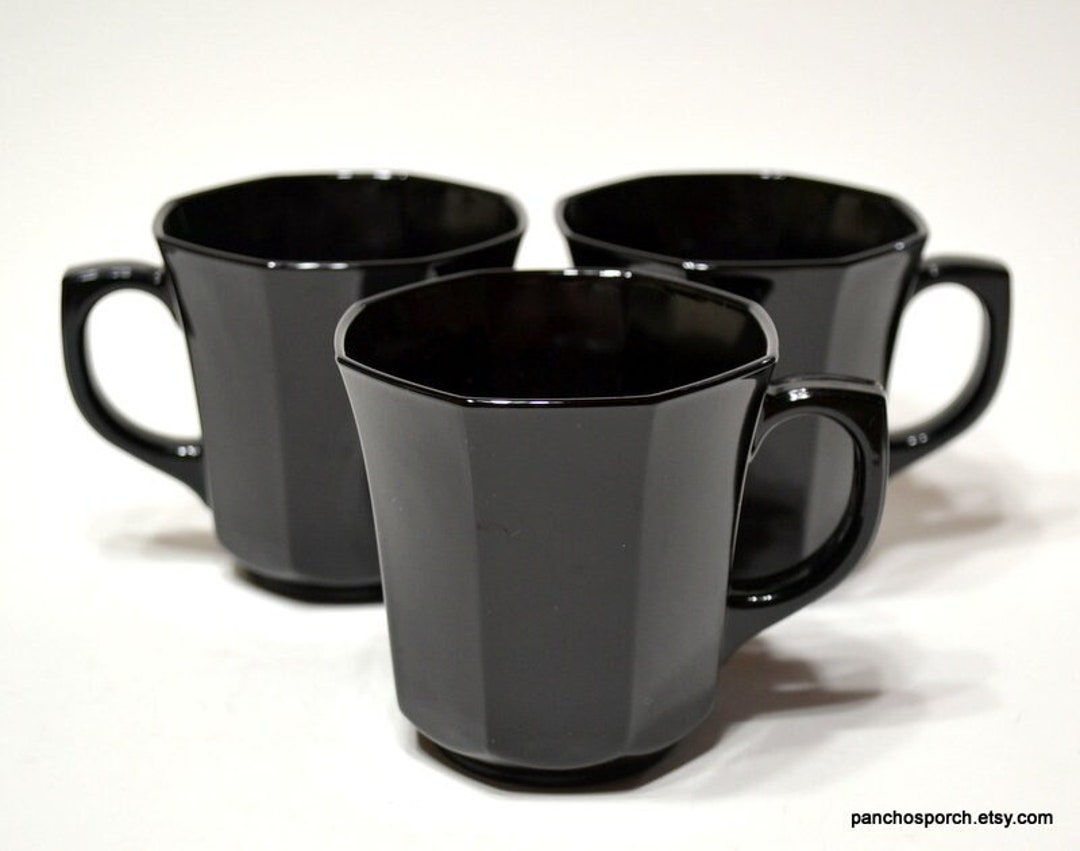 Vintage Black Glass Coffee Cup Set of 3 Octime Luminarc Etsy