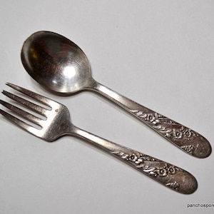Vintage Child Fork Spoon Baby Utensils Oneida Tudor Plate Floral Pattern Small Feeding Flatware Baby Shower Gift PanchosPorch