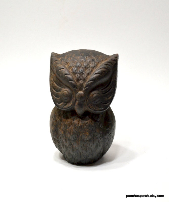 Vintage Cast Iron Owl Coin Bank: Black Metal Piggy Bank, Doorstop Bookend