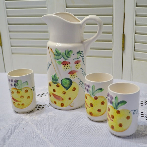 Vintage Ceramic Pitcher and Glass Set Fruit Theme Retro Summer Decor Yellow Green CLEARANCE SALE PanchosPorch