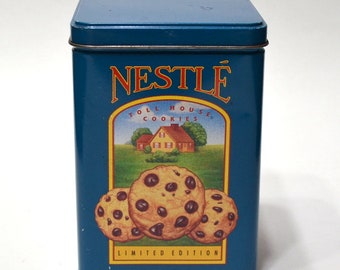 Vintage NESTLE Toll House Cookies Tin Chocolate Chip Cookies Farm Scene Boy Home Blue Decorative Tin Retro Kitchen Nostalgia PanchosPorch