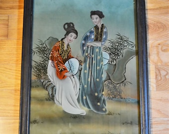 Vintage Asian Reverse Painting on Glass: Geisha Women, Bamboo, Chinoiserie Decor
