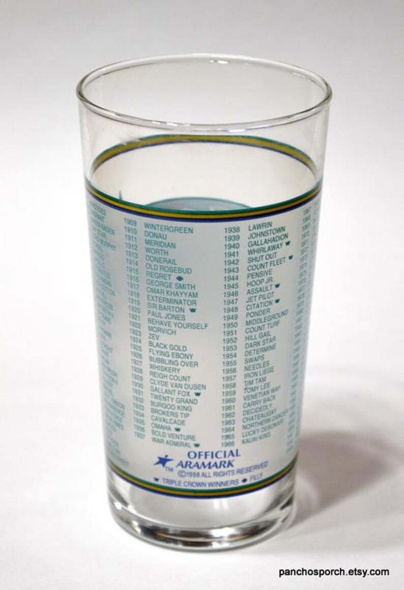 Pu&ograve; includere: Bicchiere di vetro trasparente con un elenco dei vincitori della Triple Crown dal 1909 al 1966. Il bicchiere ha una fascia blu e gialla nella parte superiore e inferiore. Il testo "OFFICIAL ARAMARK" &egrave; stampato in basso.