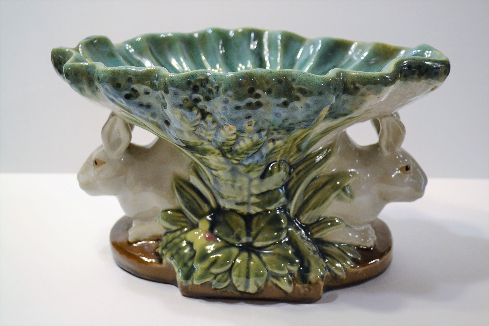 Vintage Majolica Bunny Rabbit Pedestal Bowl Dish Compote Etsy