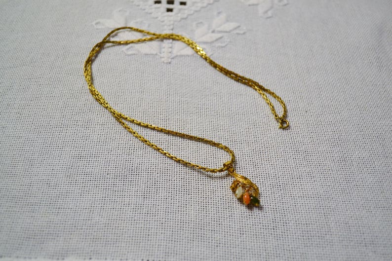 Vintage Necklace Pendant Faux Opal Rhinestone Gold Tone Metal Collectible Costume Jewelry PanchosPorch