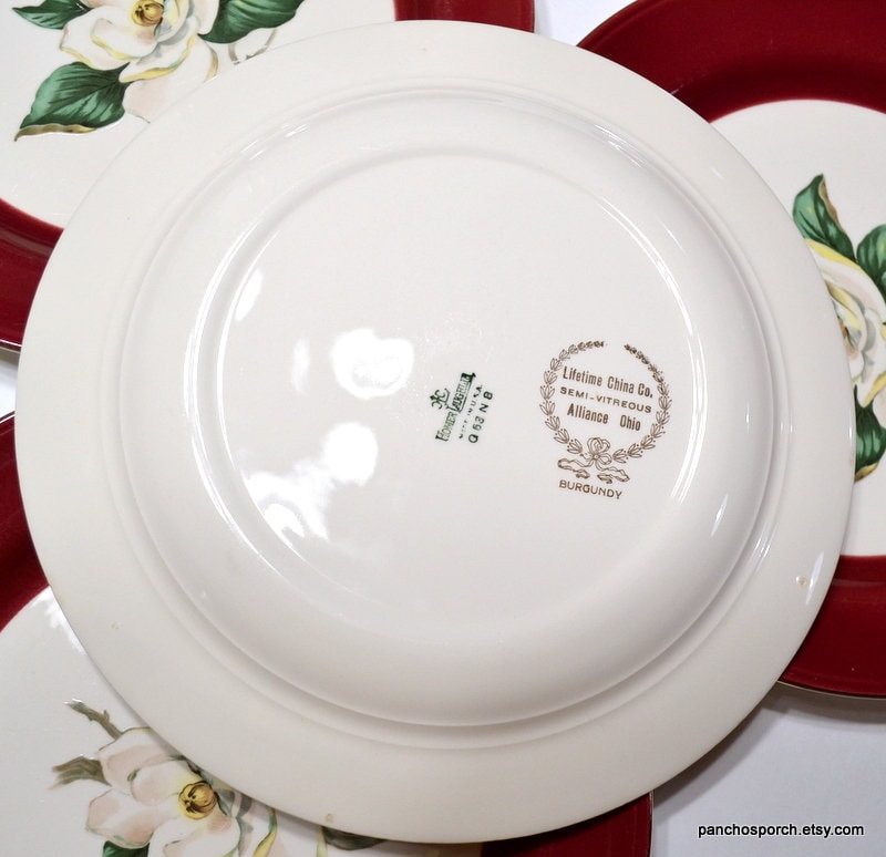 Vintage Magnolia Dinner Plate Set of 4 Burgundy Red Rim White Etsy