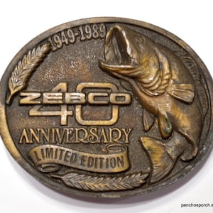 Vintage ZEBCO Belt Buckle Fishing Fish Bass 40 Year Anniversary 1989 Brass Advertising Promo Western Cowboy Mens Accessory PanchosPorch