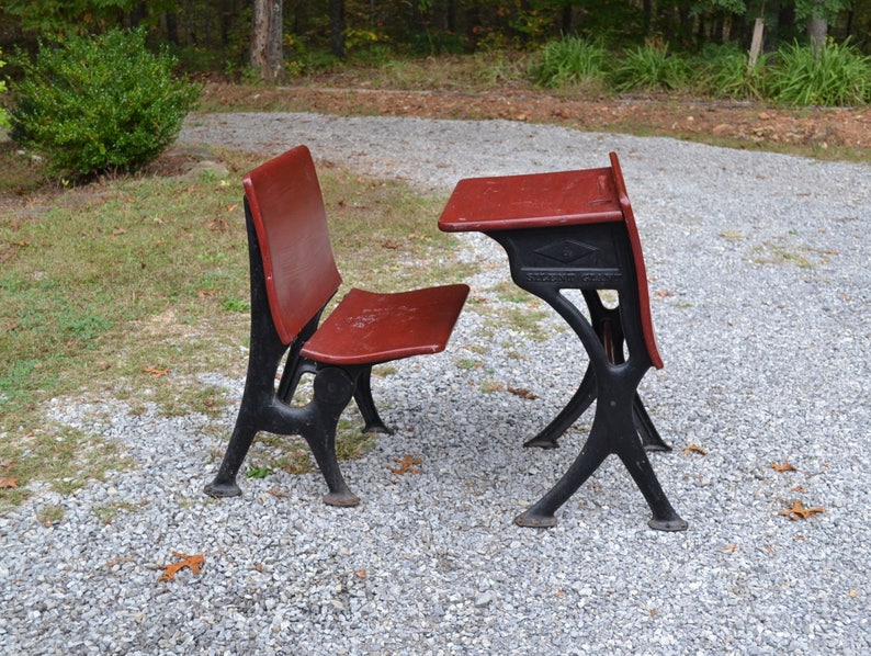 Vintage School Desk And Chair Cast Iron Metal Wood Silent Etsy