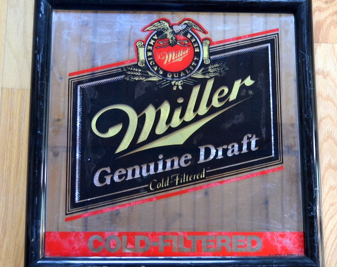 Vintage Miller Beer Mirror Sign Framed Genuine Draft Cold Filtered Man