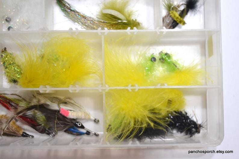 May include: A clear plastic tackle box filled with various colorful fishing flies. The flies feature yellow, green, black, and brown feathers, with some having glitter accents. The flies are designed for fly fishing.