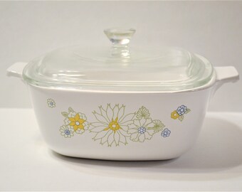 Vintage Corning Floral Bouquet Casserole with Lid 1 and Half Quarts P-1 1/2-B Daisy Flowers Cookware Ovenware Serving Bowl  PanchosPorch