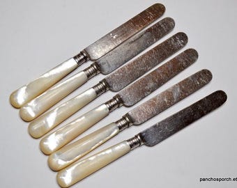 Vintage Mother of Pearl Knife Set(6), Antique C & Co Silver Plate Cutlery