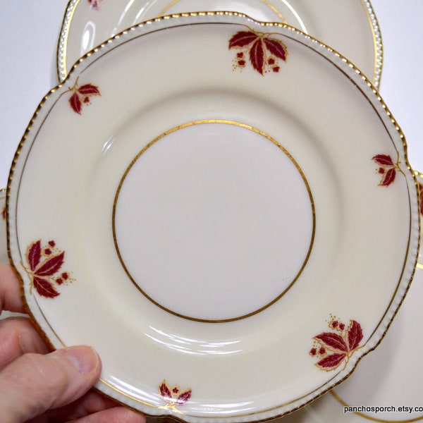 Vintage CASTLETON JUBILEE Bread Plate Set of 4 Cream Background Red Leaves Gold Trim Pearl Edge 1950s Dinnerware USA Panchosporch