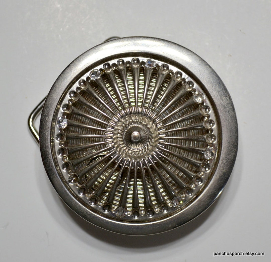 Vintage SPINNER Belt Buckle Silver Tone Metal Rhinestone Star Round