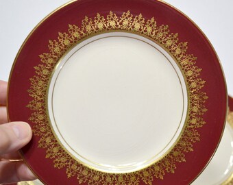 Vintage ELIZABETH II CROWNING Bread Plate Set of 4 Burgundy Gold Trim Royal Family Celebration 1950s Myott & Sons England Panchosporch