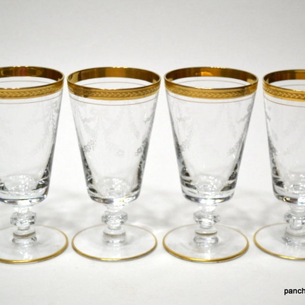 Vintage BOUQUET Juice Glass Set of 4 Etched Bow Garland Gold Encrusted Tiffin Franciscan Small Wine Glass Elegant Stemware PanchosPorch