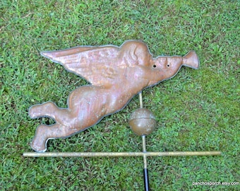 Vintage Copper Angel WEATHERVANE Flying Cherub with Trumpet Weather Vane Large Roof Decor Floor Display Wind Directional PanchosPorch