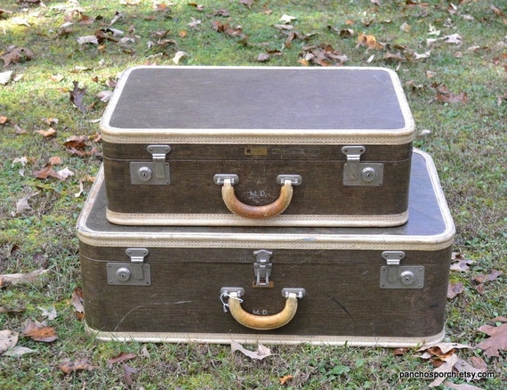 Vintage Suitcase Set Retro Red Luggage Pair 2 Keys Mid 