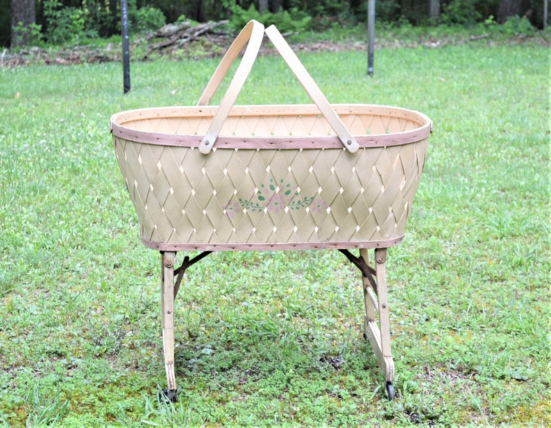 Vintage Baby Basket Weave on Wheels Folding Wooden Etsy