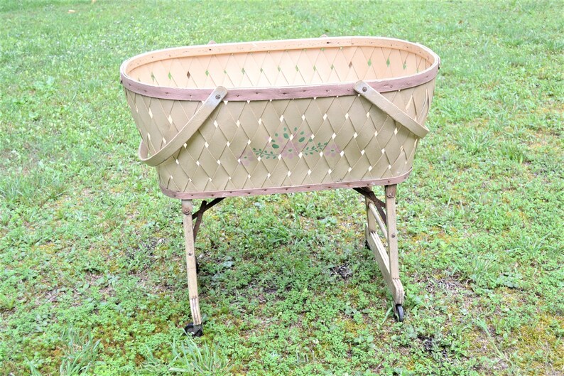 Vintage Baby Basket Weave on Wheels Folding Wooden Etsy