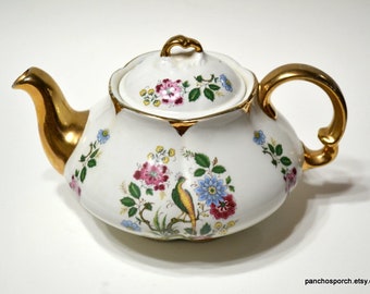 Vintage Woods & Sons Ellgreave Teapot Floral Birds Gold Details Ornate English Tea Pot Collection PanchosPorch