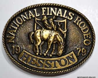 Vintage HESSTON NFR Rodeo Belt Buckle 1979 Brass Metal Mens Adult National Finals Rodeo Bronco Riding Cowboy Country Western PanchosPorch