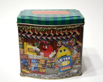 M & Ms Metal Tin 2001 Seasons Greetings Christmas Village Candy Decorative Tin Canister Vintage Holiday Decoration PanchosPorch