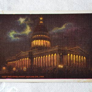 Vintage carte postale de l'Utah State Capitol Building la nuit Americana carte postale souvenirs papier publicitaire éphémères PanchosPorch