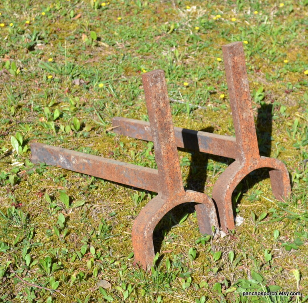 Vintage Rustic Solid Metal Andirons Fireplace Dogs Rusty Metal