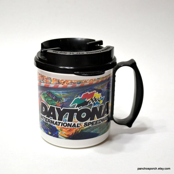 Vintage DAYTONA International Speedway Coffee Mug with Lid Travel Coffee Cup Plastic Whirley Industries NASCAR Memorabilia Panchosporch