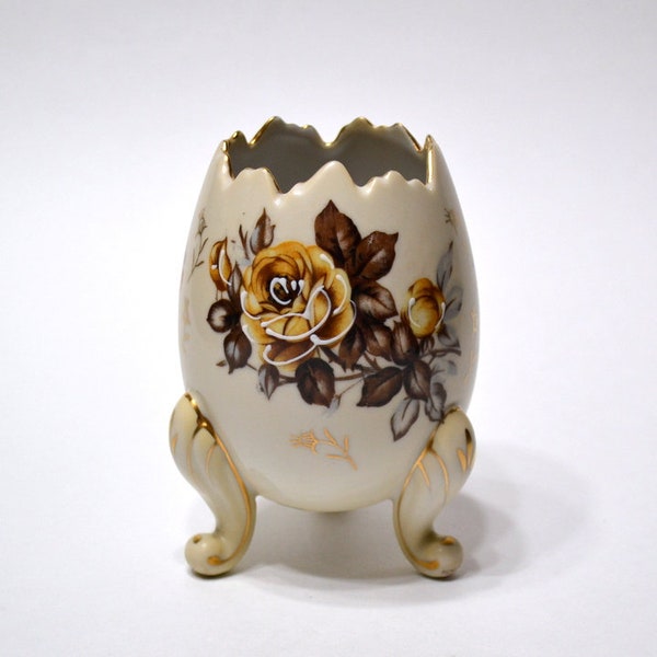 Vintage Ceramic Egg Shaped Vase Planter Gold Brown Beige Floral Rose 5 inch Cracked Tri Legged Egg Knick Knack Footed Vase PanchosPorch