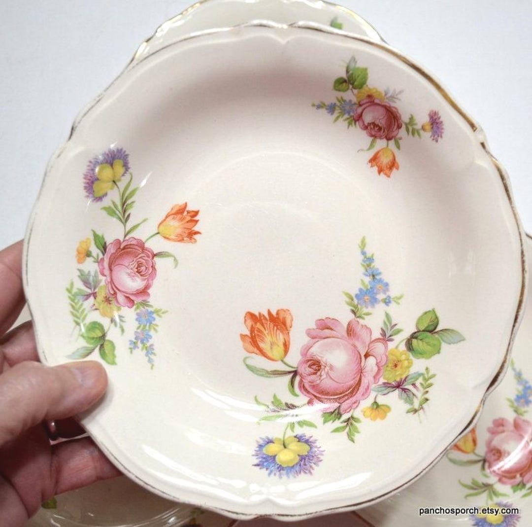 Vintage Floral Soup Bowls - Set of 4 Gold Trimmed Knowles China - Etsy