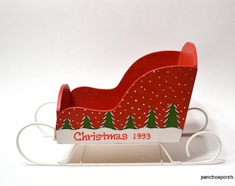 Vintage CHRISTMAS SLEIGH Red Wood Decorative Sleigh 1993 Personalized Decoration Display Prop Centerpiece PanchosPorch