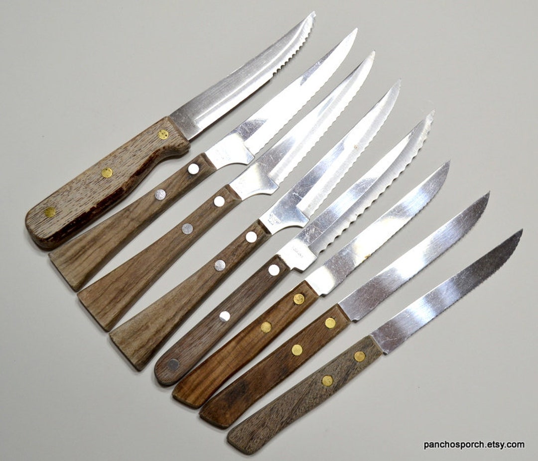 Vintage Japanese Steak Knife Set of 8 Mismatched Wooden Handles Cutlery