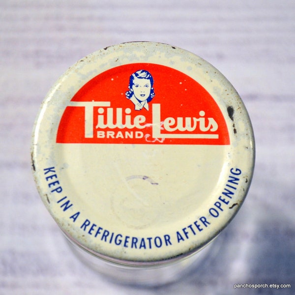 Vintage Tillie Lewis Jar 1960s Jam Jelly Jar with Lid Red White Advertising Retro Kitchen Decor Photo Movie Prop PanchosPorch