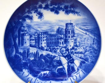 Vintage 1971 Father's Day Plate: Blue White Heidelberg Castle, Bareuther Bavaria Decorative Wall Plate