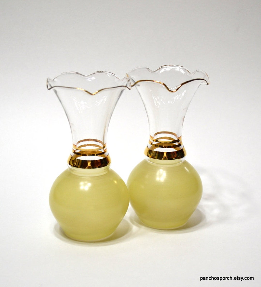 Vintage Glass Flower Vase Set of 2 Matching Vases Frosted Yellow Clear